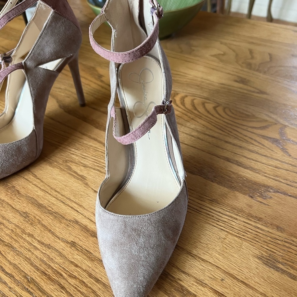 Jessica Simpson Shoes Women’s 10 Heel Pointy Toe Straps Mauve Tan - Picture 6 of 11
